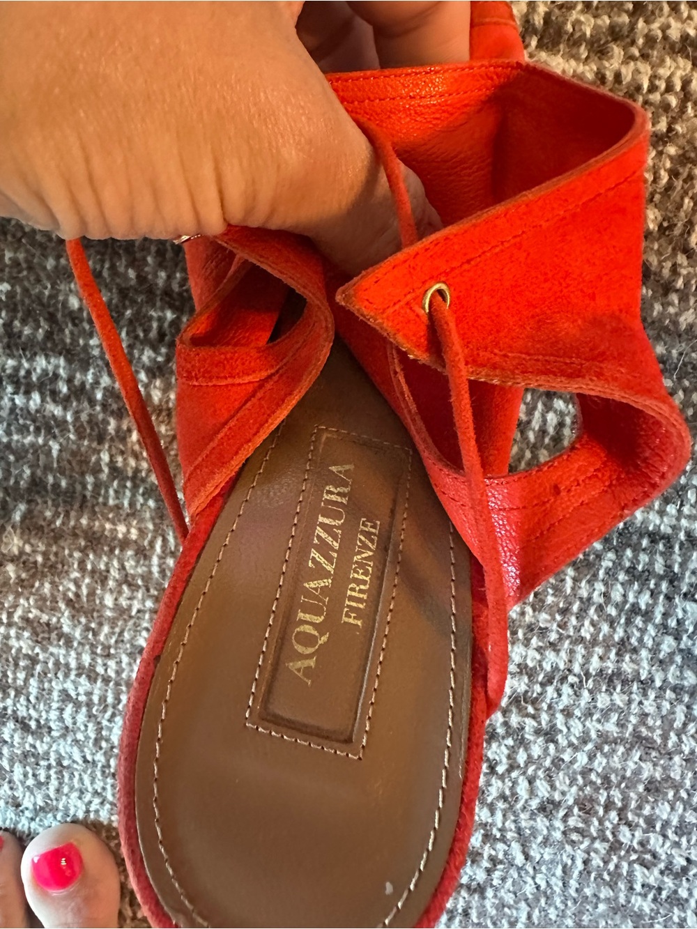 Aquazzura Red Suede Lace-Up Peep Toe Heels - Picture 6 of 8